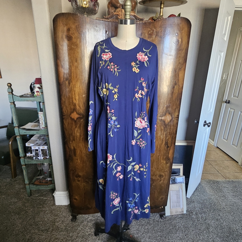 Johnny Was Royal Blue Knit Dress with Floral Embroidery